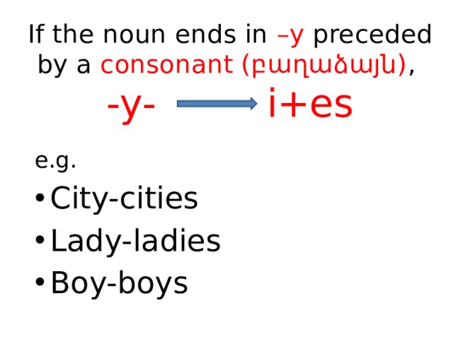 If the noun ends in –y preceded by a consonant (բաղաձայն) ,  -y- i+es e.g. City-cities Lady-ladies Boy-boys 