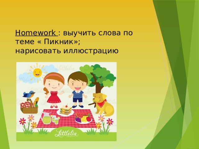Homework : выучить слова по теме « Пикник»;  нарисовать иллюстрацию 