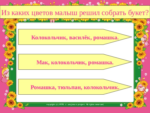 Я сорву ромашку, колокольчик, василёк. Букет подарю маме. Она будет рада. 