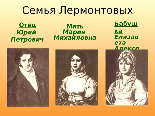 Семья Лермонтовых Бабушка Елизавета Алексеевна Арсеньева  Отец Юрий Петрович  Мать Мария Михайловна  