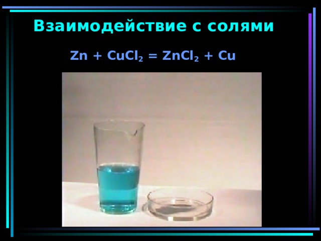 Взаимодействие с солями Zn + CuCl 2 = ZnCl 2 + Cu 