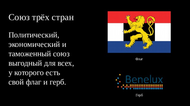 Союз трёх стран Политический, экономический и таможенный союз выгодный для всех, у которого есть свой флаг и герб. Флаг Герб 
