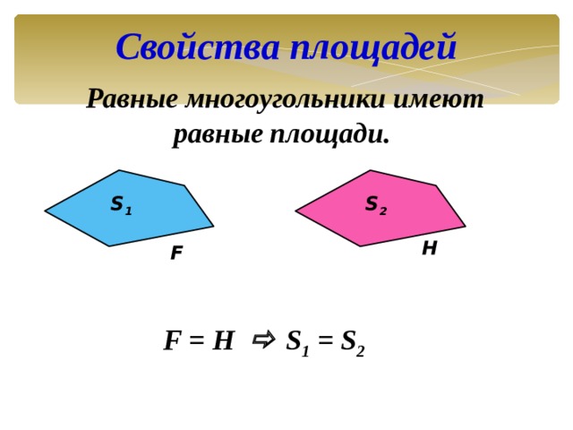 Свойства площадей  Равные многоугольники имеют равные площади. S 1 S 2 H F F = H  S 1 = S 2 