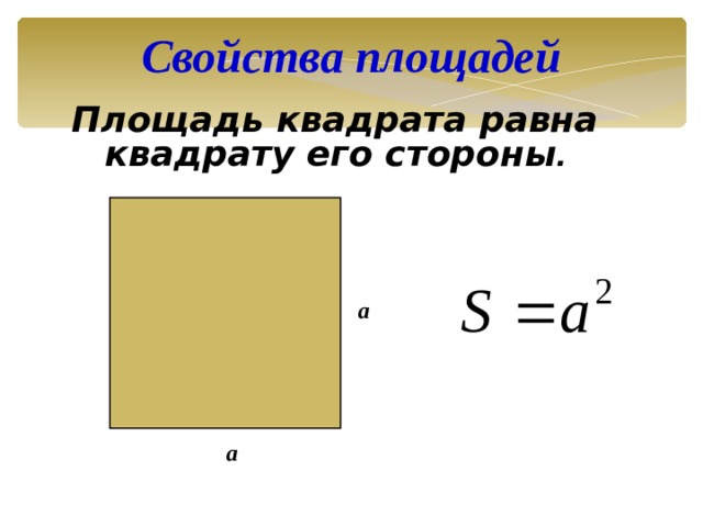 Свойства площадей Площадь квадрата равна квадрату его стороны .  a a 