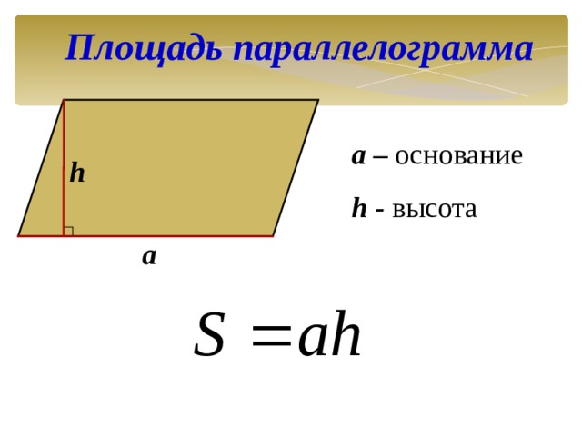 Площадь параллелограмма  a – основание h - высота h a 