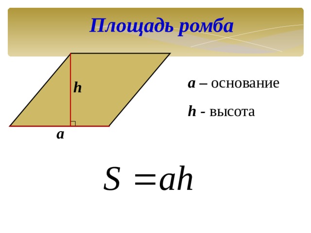 Площадь ромба  a – основание h - высота h a 