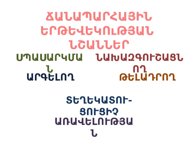 ՃԱՆԱՊԱՐՀԱՅԻՆ ԵՐԹԵՎԵԿՈւԹՅԱՆ ՆՇԱՆՆԵՐ ՆԱԽԱԶԳՈւՇԱՑՆՈՂ ՍՊԱՍԱՐԿՄԱՆ ԱՐԳԵԼՈՂ ԹԵԼԱԴՐՈՂ ՏԵՂԵԿԱՏՈւ-ՑՈւՑԻՉ ԱՌԱՎԵԼՈւԹՅԱՆ 