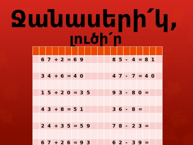        Ջանասերի՛կ, լուծի՛ր օրինակները : 6 7 3 + 2 4 + 1 = 6 5 6 + 4 9 = 2 3 4 0 + 0 2 8 4 = = 3 6 + 7 5 5 3 8 5 1 5 + - 4 = 2 5 4 6 7 - = 9 = 9 7 8 9 3 = 3 - 1 3 8 4 6 7 0 0 - = 8 8 6 = - 2 2 3 - = 3 9 = 