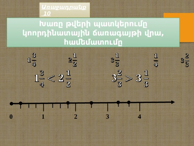 Առաջադրանք 10 Խառը թվերի պատկերումը կոորդինատային ճառագայթի վրա, համեմատումը               4 0 1 3 2 