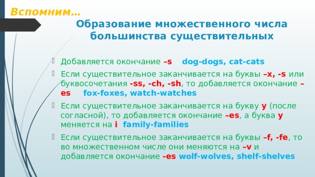 Вспомним… Образование множественного числа большинства существительных Добавляется окончание –s  dog-dogs, cat-cats Если существительное заканчивается на буквы –x, -s или буквосочетания -ss, -ch, -sh , то добавляется окончание –es  fox-foxes, watch-watches Если существительное заканчивается на букву y (после согласной), то добавляется окончание –es , а буква y меняется на i family-families Если существительное заканчивается на буквы –f, -fe , то во множественном числе они меняются на –v и добавляется окончание -es wolf-wolves, shelf-shelves 