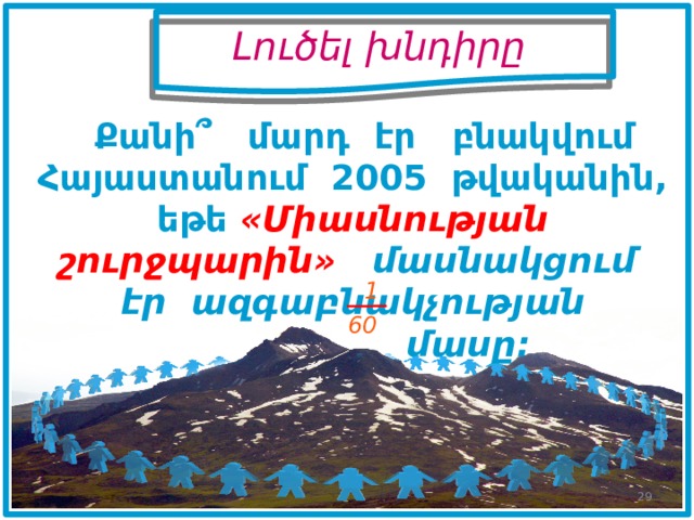 Լուծել խնդիրը  Քանի՞ մարդ էր բնակվում Հայաստանում 2005 թվականին, եթե «Միասնության շուրջպարին» մասնակցում էր ազգաբնակչության  մասը:  1 60 29 