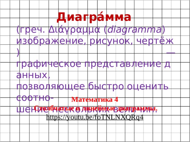 Диагра́мма   (греч. Διάγραμμα ( diagramma ) изображение, рисунок, чертёж) —графическое представление данных,  позволяющее быстро оценить соотно-шение нескольких величин. Математика 4 Столбчатые и линейные диаграммы. https://youtu.be/foTNLNXQRq4  