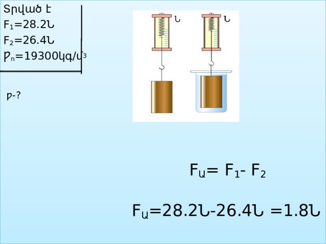 Տրված է F 1 =28.2Ն F 2 =26.4Ն Ƿ ո =19300կգ/մ 3  ƿ-?  F Ա = F 1 - F 2  F Ա =28.2Ն-26.4Ն =1.8Ն 