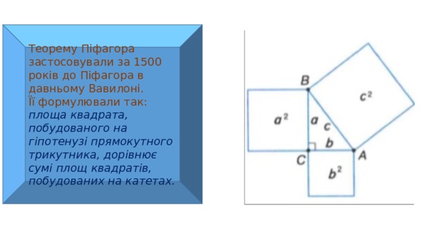 Теорему Піфагора застосовували за 1500 років до Піфагора в давньому Вавилоні. Її формулювали так: площа квадрата, побудованого на гіпотенузі прямокутного трикутника, дорівнює сумі площ квадратів, побудованих на катетах. 