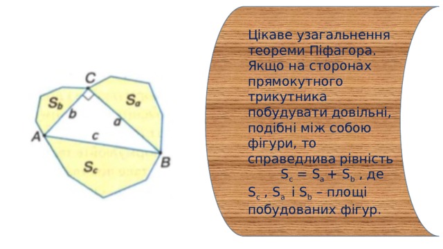 Цікаве узагальнення теореми Піфагора. Якщо на сторонах прямокутного трикутника побудувати довільні, подібні між собою фігури, то справедлива рівність S c = S a + S b , де S c , S a і S b – площі побудованих фігур. 