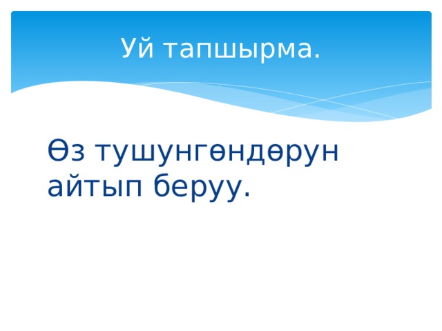Уй тапшырма. Өз тушунгөндөрун айтып беруу. 
