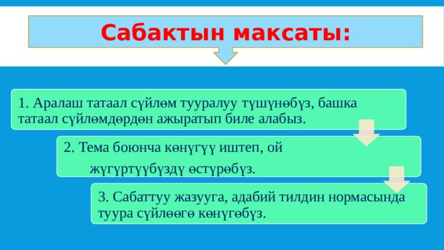 Сабактын максаты: 1. Аралаш татаал сүйлөм тууралуу түшүнөбүз, башка татаал сүйлөмдөрдөн ажыратып биле алабыз. 2. Тема боюнча көнүгүү иштеп, ой  жүгүртүүбүздү өстүрөбүз. 3. Сабаттуу жазууга, адабий тилдин нормасында туура сүйлөөгө көнүгөбүз. 