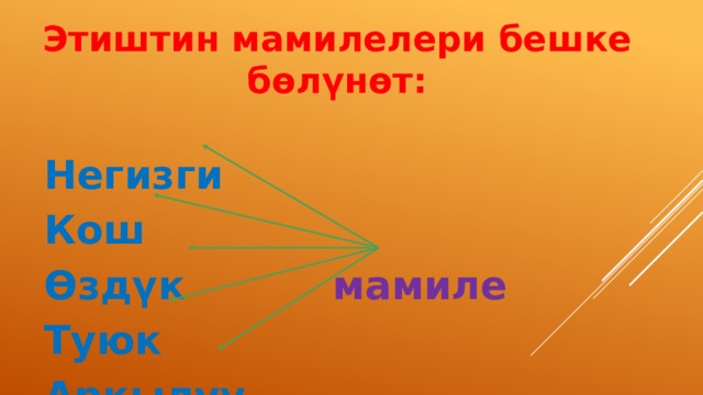 Этиштин мамилелери бешке бөлүнөт:    Негизги  Кош  Өздүк        мамиле  Туюк  Аркылуу     