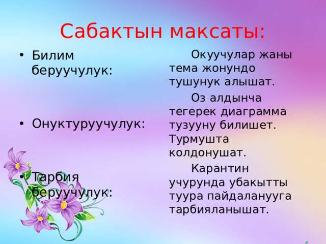 Сабактын максаты: Билим беруучулук:  Окуучулар жаны тема жонундо тушунук алышат.  Оз алдынча тегерек диаграмма тузууну билишет. Турмушта колдонушат.  Карантин учурунда убакытты туура пайдаланууга тарбияланышат. Онуктуруучулук: Тарбия беруучулук: 