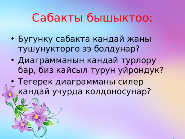 Сабакты бышыктоо: Бугунку сабакта кандай жаны тушунукторго ээ болдунар? Диаграмманын кандай турлору бар, биз кайсыл турун уйрондук? Тегерек диаграмманы силер кандай учурда колдоносунар? 