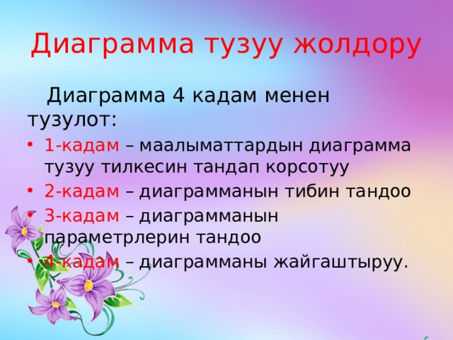 Диаграмма тузуу жолдору  Диаграмма 4 кадам менен тузулот: 1-кадам – маалыматтардын диаграмма тузуу тилкесин тандап корсотуу 2-кадам – диаграмманын тибин тандоо 3-кадам – диаграмманын параметрлерин тандоо 4-кадам – диаграмманы жайгаштыруу. 