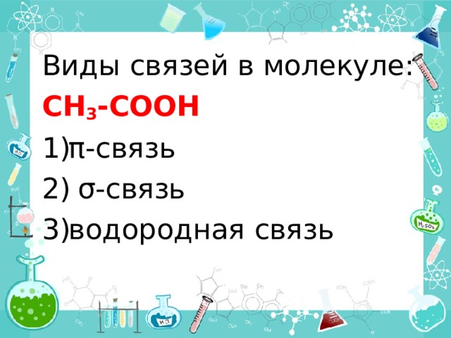 Виды связей в молекуле: СН 3 -СООН π-связь  σ-связь водородная связь 