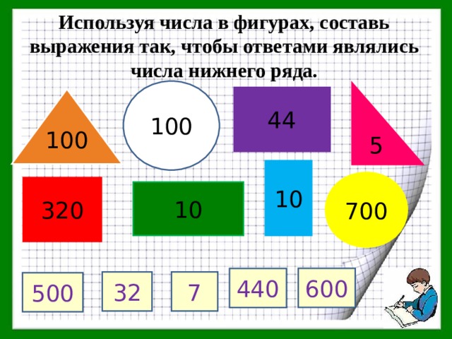 Используя числа в фигурах, составь выражения так, чтобы ответами являлись числа нижнего ряда. 100 5 44 100 10 700 320 10 600 440 32 7 500  