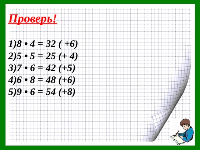 Проверь!  8 • 4 = 32 ( +6) 5 • 5 = 25 (+ 4) 7 • 6 = 42 (+5) 6 • 8 = 48 (+6) 9 • 6 = 54 (+8) 