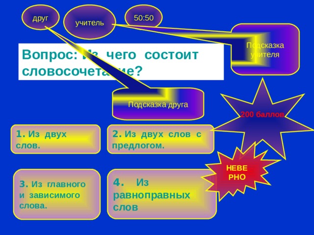 Подсказка балла. Вопросы из двух слов. Подсказки для учителя. Словосочетание «друг отца». Главные и зависимые слова тема.