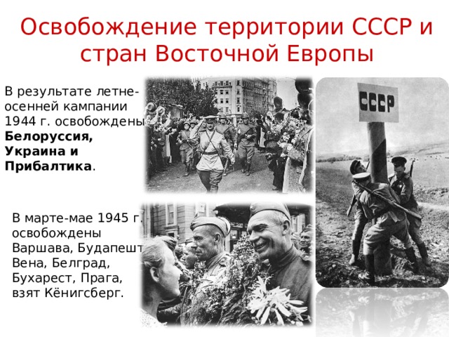 Освобождение территории СССР и стран Восточной Европы В результате летне-осенней кампании 1944 г. освобождены Белоруссия, Украина и Прибалтика . В марте-мае 1945 г. освобождены Варшава, Будапешт, Вена, Белград, Бухарест, Прага, взят Кёнигсберг. 