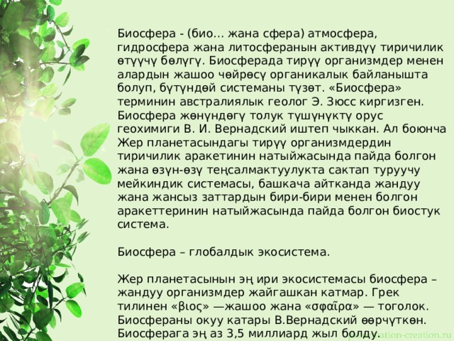 Биосфера - (био... жана сфера) атмосфера, гидросфера жана литосферанын активдүү тиричилик өтүүчү бөлүгү. Биосферада тирүү организмдер менен алардын жашоо чөйрөсү органикалык байланышта болуп, бүтүндөй системаны түзөт. «Биосфера» терминин австралиялык геолог Э. Зюсс киргизген. Биосфера жөнүндөгү толук түшүнүктү орус геохимиги В. И. Вернадский иштеп чыккан. Ал боюнча Жер планетасындагы тирүү организмдердин тиричилик аракетинин натыйжасында пайда болгон жана өзүн-өзү теңсалмактуулукта сактап туруучу мейкиндик системасы, башкача айтканда жандуу жана жансыз заттардын бири-бири менен болгон аракеттеринин натыйжасында пайда болгон биостук система. Биосфера – глобалдык экосистема. Жер планетасынын эң ири экосистемасы биосфера – жандуу организмдер жайгашкан катмар. Грек тилинен «βιος» —жашоо жана «σφαῖρα» — тоголок. Биосфераны окуу катары В.Вернадский өөрчүткөн. Биосферага эң аз 3,5 миллиард жыл болду. 