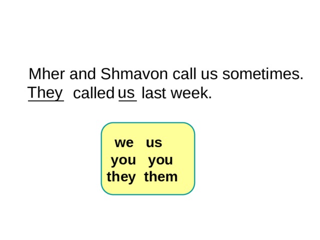 6-3 Let’s Practice Mher and Shmavon call us sometimes. ____ called __ last week. They us  we us  you you  they them  1 