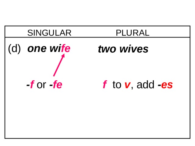 6-4 NOUNS: SINGULAR AND PLURAL PLURAL SINGULAR (d)  one wi fe       two wives    f  to  v ,  add  - es - f or - fe 1 