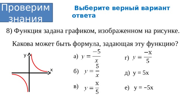  Выберите верный вариант ответа Проверим знания 8) Функция задана графиком, изображенном на рисунке. Какова может быть формула, задающая эту функцию? у а) б) в) г) д) у = 5х е) у = – 5х х 