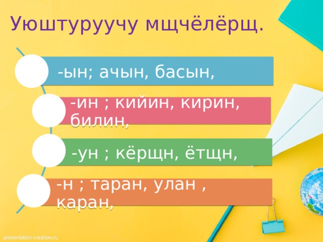 Уюштуруучу мщчёлёрщ. -ын; ачын, басын, -ин ; кийин, кирин, билин, -ун ; кёрщн, ётщн, -н ; таран, улан , каран, 