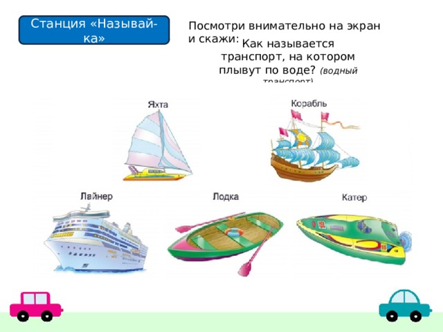 Станция «Называй-ка» Посмотри внимательно на экран и скажи: Как называется транспорт, на котором плывут по воде? (водный транспорт) 