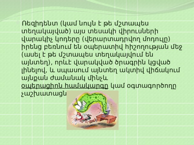 Ռեզիդենտ (կամ նույն է թե մշտապես տեղակայված) այս տեսակի վիրուսների վարակիչ կոդերը (վերարտադրվող մոդուլը) իրենց բեռնում են օպերատիվ հիշողության մեջ (ասել է թե մշտապես տեղակայվում են այնտեղ), որևէ վարակված ծրագրին կցված լինելով, և սպասում այնտեղ ակտիվ վիճակում այնքան ժամանակ մինչև  օպերացիոն համակարգը  կամ օգտագործողը չաշխատացնի այլ ծրագիր:  