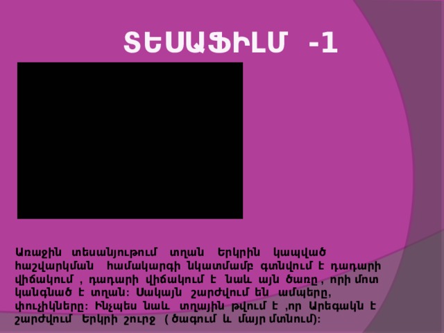  ՏԵՍԱՖԻԼՄ -1  Առաջին տեսանյութում տղան Երկրին կապված հաշվարկման համակարգի նկատմամբ գտնվում է դադարի վիճակում , դադարի վիճակում է նաև այն ծառը , որի մոտ կանգնած է տղան: Սակայն շարժվում են ամպերը, փուչիկները: Ինչպես նաև տղային թվում է ,որ Արեգակն է շարժվում Երկրի շուրջ ( ծագում և մայր մտնում): 