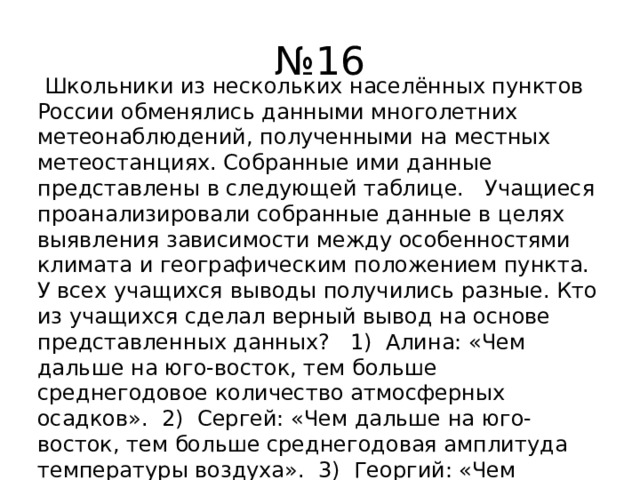 № 16  Школьники из нескольких населённых пунктов России обменялись данными многолетних метеонаблюдений, полученными на местных метеостанциях. Собранные ими данные представлены в следующей таблице. Учащиеся проанализировали собранные данные в целях выявления зависимости между особенностями климата и географическим положением пункта. У всех учащихся выводы получились разные. Кто из учащихся сделал верный вывод на основе представленных данных? 1) Алина: «Чем дальше на юго-восток, тем больше среднегодовое количество атмосферных осадков». 2) Сергей: «Чем дальше на юго-восток, тем больше среднегодовая амплитуда температуры воздуха». 3) Георгий: «Чем севернее, тем ниже температуры воздуха в январе». 4) Тамара: «Чем выше над уровнем моря расположен пункт, тем прохладней там в июле». 