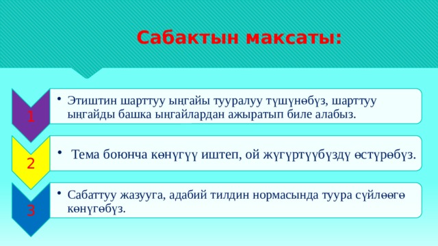 1 Этиштин шарттуу ыңгайы тууралуу түшүнөбүз, шарттуу ыңгайды башка ыңгайлардан ажыратып биле алабыз. Этиштин шарттуу ыңгайы тууралуу түшүнөбүз, шарттуу ыңгайды башка ыңгайлардан ажыратып биле алабыз. 2  Тема боюнча көнүгүү иштеп, ой жүгүртүүбүздү өстүрөбүз.  Тема боюнча көнүгүү иштеп, ой жүгүртүүбүздү өстүрөбүз. 3 Сабаттуу жазууга, адабий тилдин нормасында туура сүйлөөгө көнүгөбүз. Сабаттуу жазууга, адабий тилдин нормасында туура сүйлөөгө көнүгөбүз.  Сабактын максаты: 