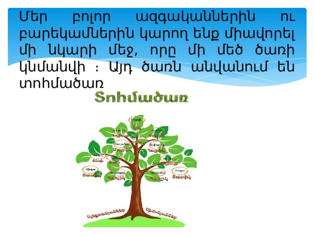 Մեր բոլոր ազգականներին ու բարեկամներին կարող ենք միավորել մի նկարի մեջ, որը մի մեծ ծառի կնմանվի ։ Այդ ծառն անվանում են տոհմածառ 