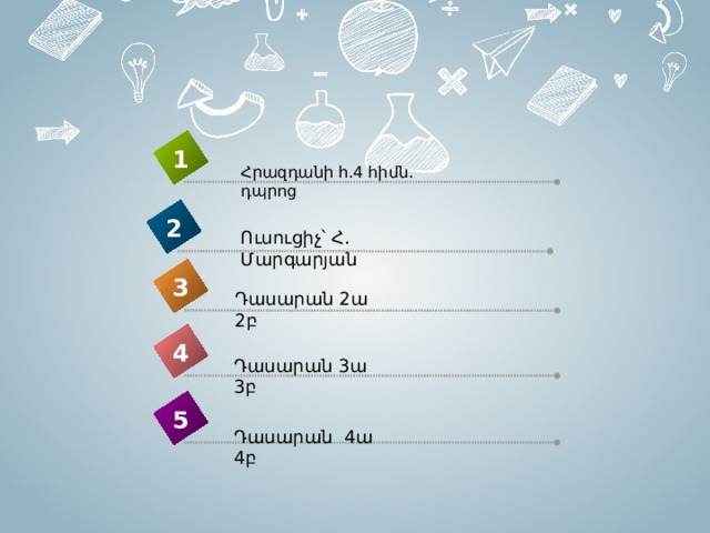 1 Հրազդանի հ․4 հիմն․ դպրոց 2 Ուսուցիչ՝ Հ․ Մարգարյան 3 Դասարան 2ա 2բ 4 Դասարան 3ա 3բ 5 Դասարան 4ա 4բ 