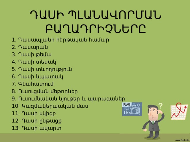 ԴԱՍԻ ՊԼԱՆԱՎՈՐՄԱՆ ԲԱՂԱԴՐԻՉՆԵՐԸ 1. Դասապլանի հերթական համար 2. Դասարան 3. Դասի թեմա 4. Դասի տեսակ 5. Դասի տևողություն 6. Դասի նպատակ 7. Գնահատում 8. Ուսուցման մեթոդներ 9. Ուսումնական նյութեր և պարագաներ 10. Կազմակերպական մաս 11. Դասի սկիզբ 12. Դասի ընթացք 13. Դասի ավարտ 