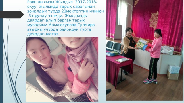 Равшан кызы Жылдыз 2017-2018-окуу жылында тарых сабагынан зоналдык турда 21мектептин ичинен 3-орунду ээледи. Жылдызды даярдап алып барган тарых мугалими Мамаюсупова Гулмира азыркы учурда райондук турга даярдап жатат .   