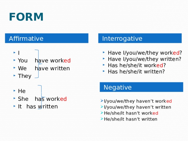 FORM Affirmative Interrogative I You   have work ed We   have written They Have I/you/we/they work ed ? Have I/you/we/they written? Has he/she/it work ed ? Has he/she/it written? He She   has work ed It   has written Negative I/you/we/they haven’t work ed I/you/we/they haven’t written He/she/it hasn’t work ed He/she/it hasn’t written 