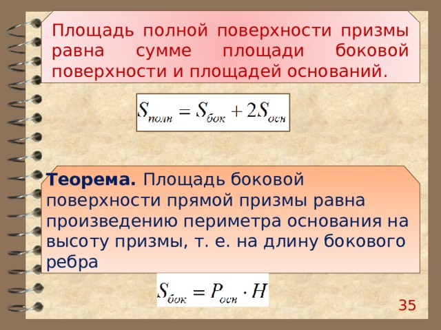 Площадь полной поверхности призмы равна сумме площади боковой поверхности и площадей оснований. Теорема. Площадь боковой поверхности прямой призмы равна произведению периметра основания на высоту призмы, т. е. на длину бокового ребра 33 