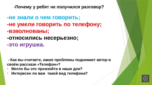 -Почему у ребят не получился разговор? -не знали о чем говорить; -не умели говорить по телефону; -взволнованы; -относились несерьезно; -это игрушка.   - Как вы считаете, какие проблемы поднимает автор в своём рассказе «Телефон»? Могло бы это произойти в наши дни? Интересен ли вам такой вид телефона? 