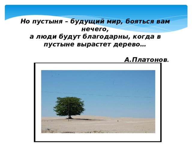 Но пустыня – будущий мир, бояться вам нечего,  а люди будут благодарны, когда в пустыне вырастет дерево…   А.Платонов .   