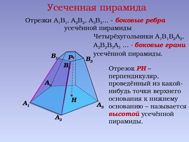 Найти длину бокового ребра. Боковые грани правильной усеченной пирамиды. Усечённая пирамида боковые ребра. Боковое ребро правильной усеченной пирамиды. Усеченная пирамида грани ребра.