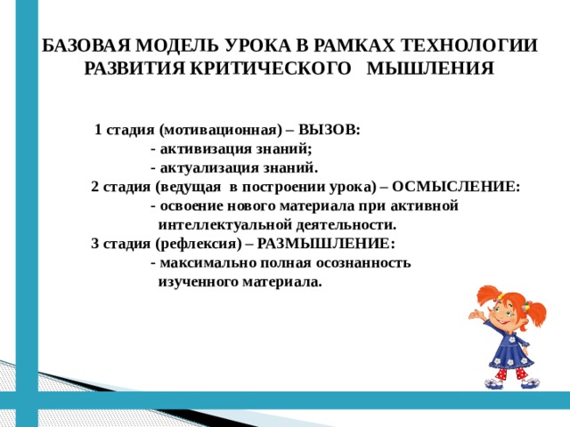  БАЗОВАЯ МОДЕЛЬ УРОКА В РАМКАХ ТЕХНОЛОГИИ РАЗВИТИЯ КРИТИЧЕСКОГО МЫШЛЕНИЯ  1 стадия (мотивационная) – ВЫЗОВ:  - активизация знаний;  - актуализация знаний.  2 стадия (ведущая в построении урока) – ОСМЫСЛЕНИЕ:  - освоение нового материала при активной  интеллектуальной деятельности.  3 стадия (рефлексия) – РАЗМЫШЛЕНИЕ:  - максимально полная осознанность  изученного материала. 